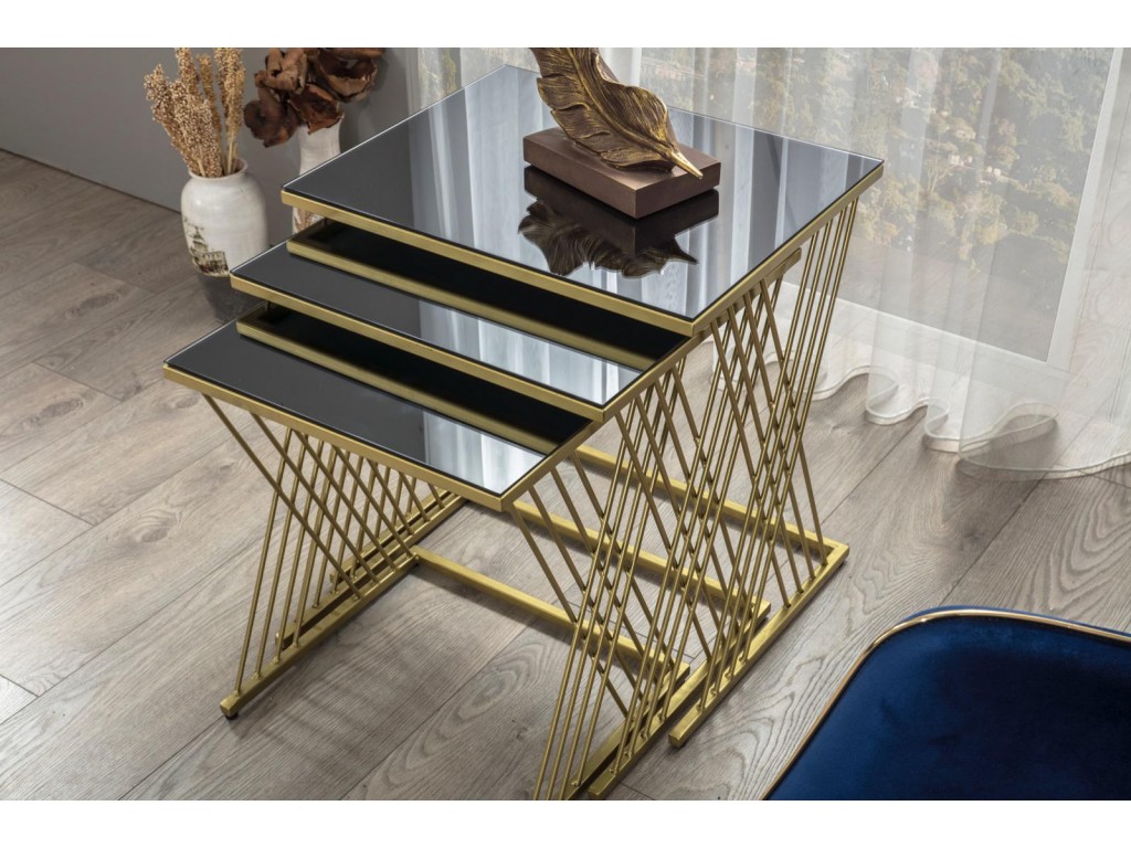 Metal Gold Crom Siyah Kaplamalı Füme Aynalı  3 Parça Zigon Sehpa