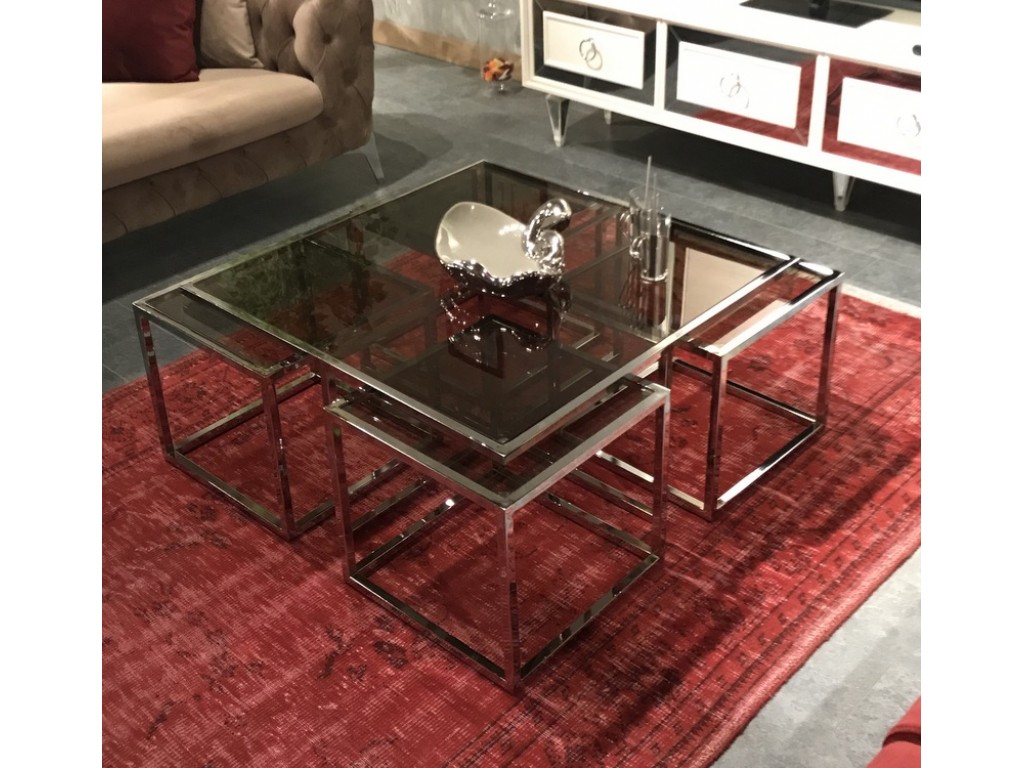 Kante Metal Crom Kaplama Bronz Şeffaf Camlı Kare Orta Sehpa 4+1