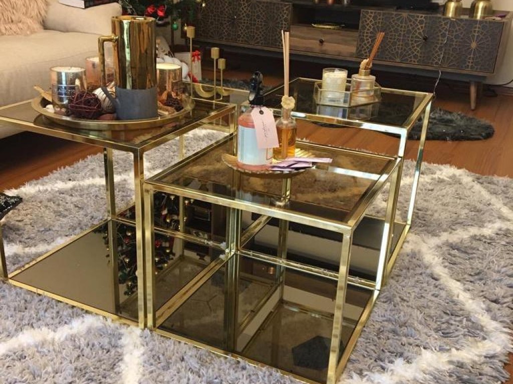 Roma Metal Gold Kaplama Bronz Aynalı Orta Sehpa
