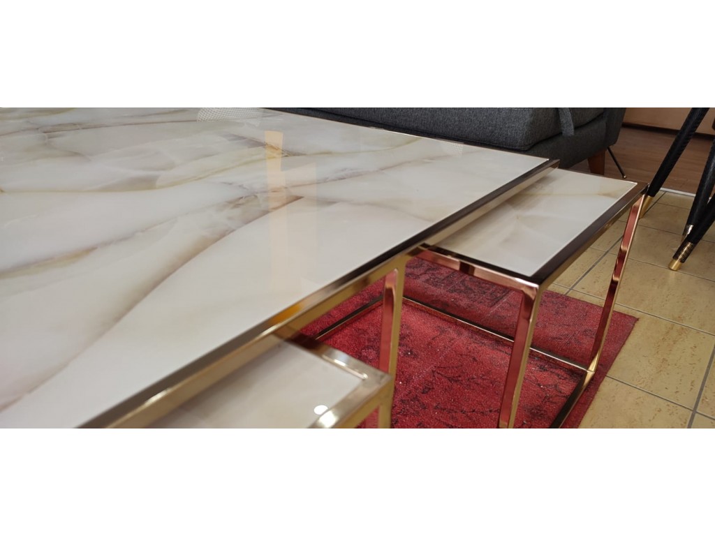 Kante Metal Rose Gold kaplama Beyaz Mermer Desenli Orta Sehpa 4+1