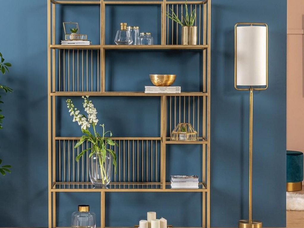 Onurdesign Metal Cam Raflı Kitaplık Siyah Crom Gold Metal Kitaplıklar