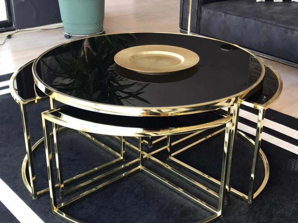 Sosa Metal Gold Kaplama Siyah Camlı Yuvarlak Orta Sehpa 4+1